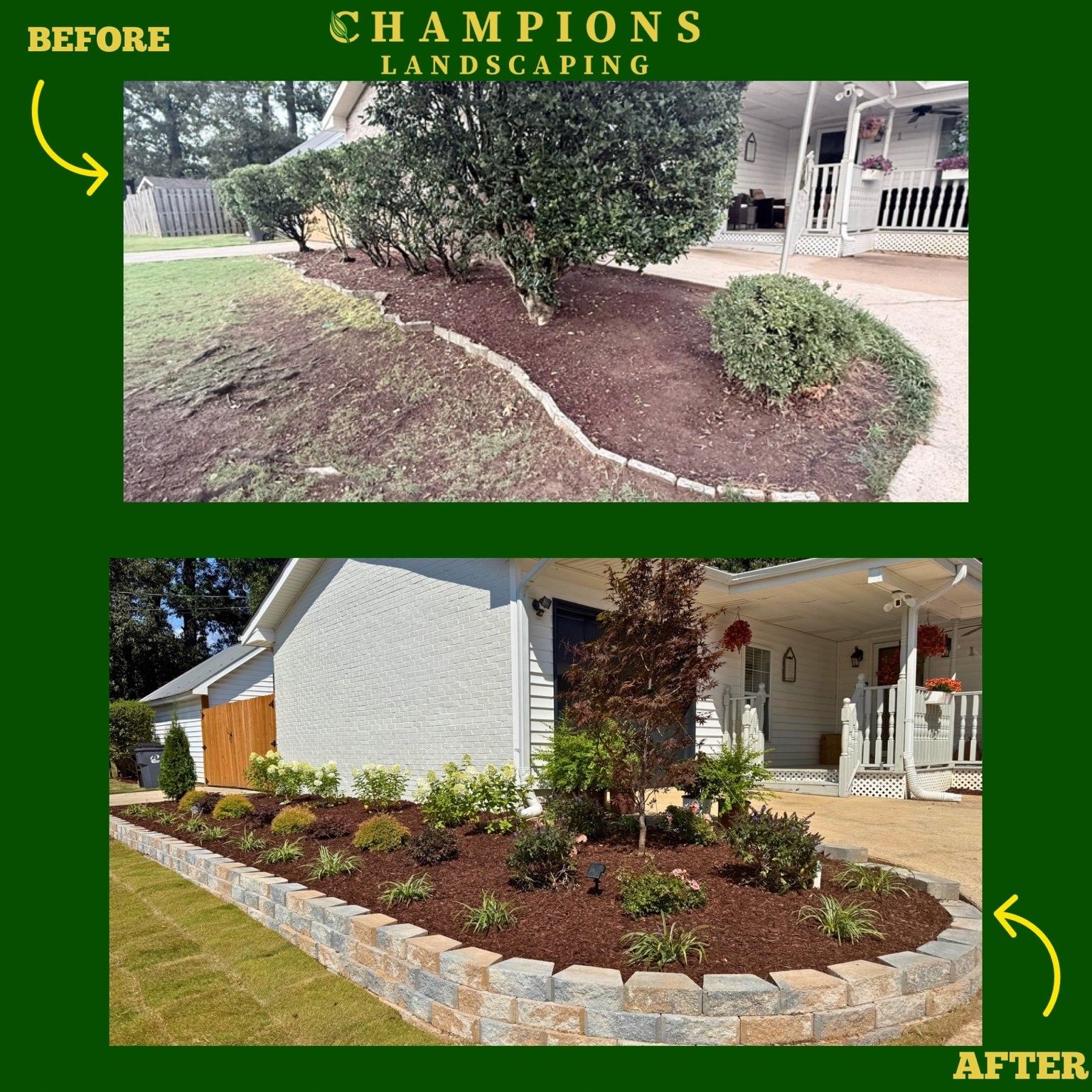 Before and after photos of a landscape renovation, with a rock border and new plants.