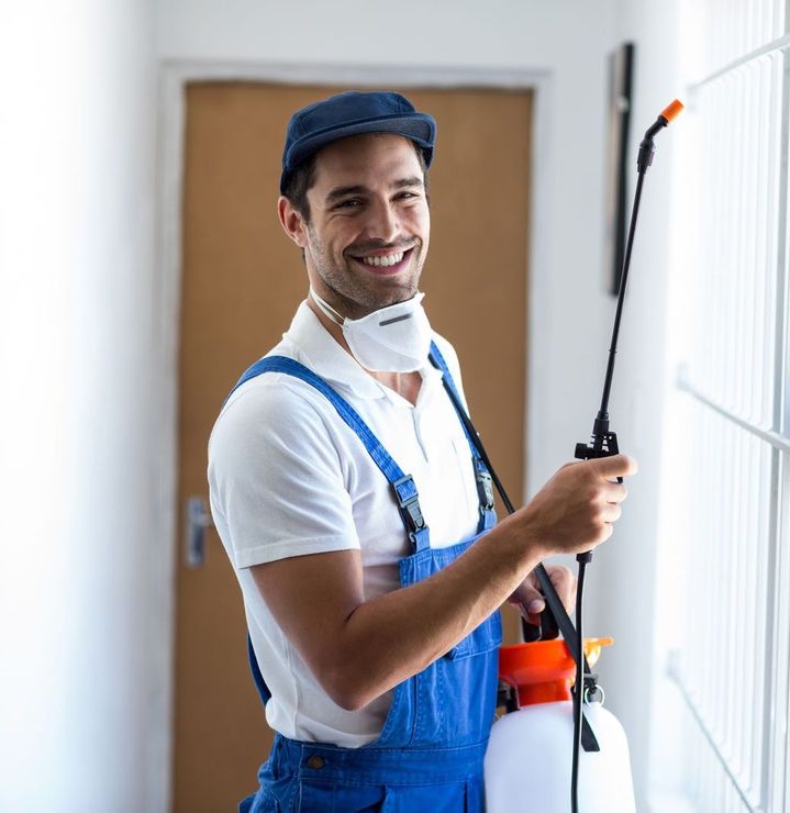 A man in blue overalls is holding a sprayer and smiling.
