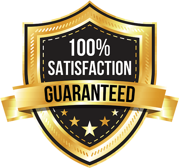 A gold shield with the words 100 % satisfaction guaranteed on it