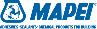Un logo bleu et blanc pour les adhésifs, les mastics et les produits chimiques pour le bâtiment de Mapei