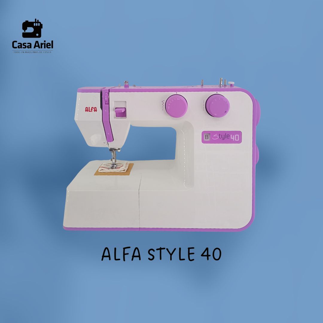 Una máquina de coser blanca y morada con la marca alfa style 40