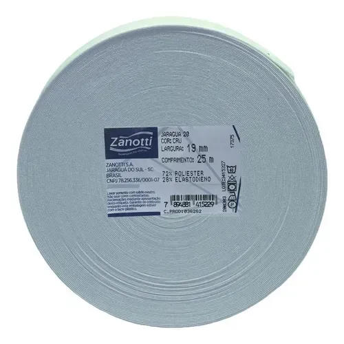 Un carrete de cinta textil blanca de la marca Zanotti, de 19 mm de ancho y 25 m de largo