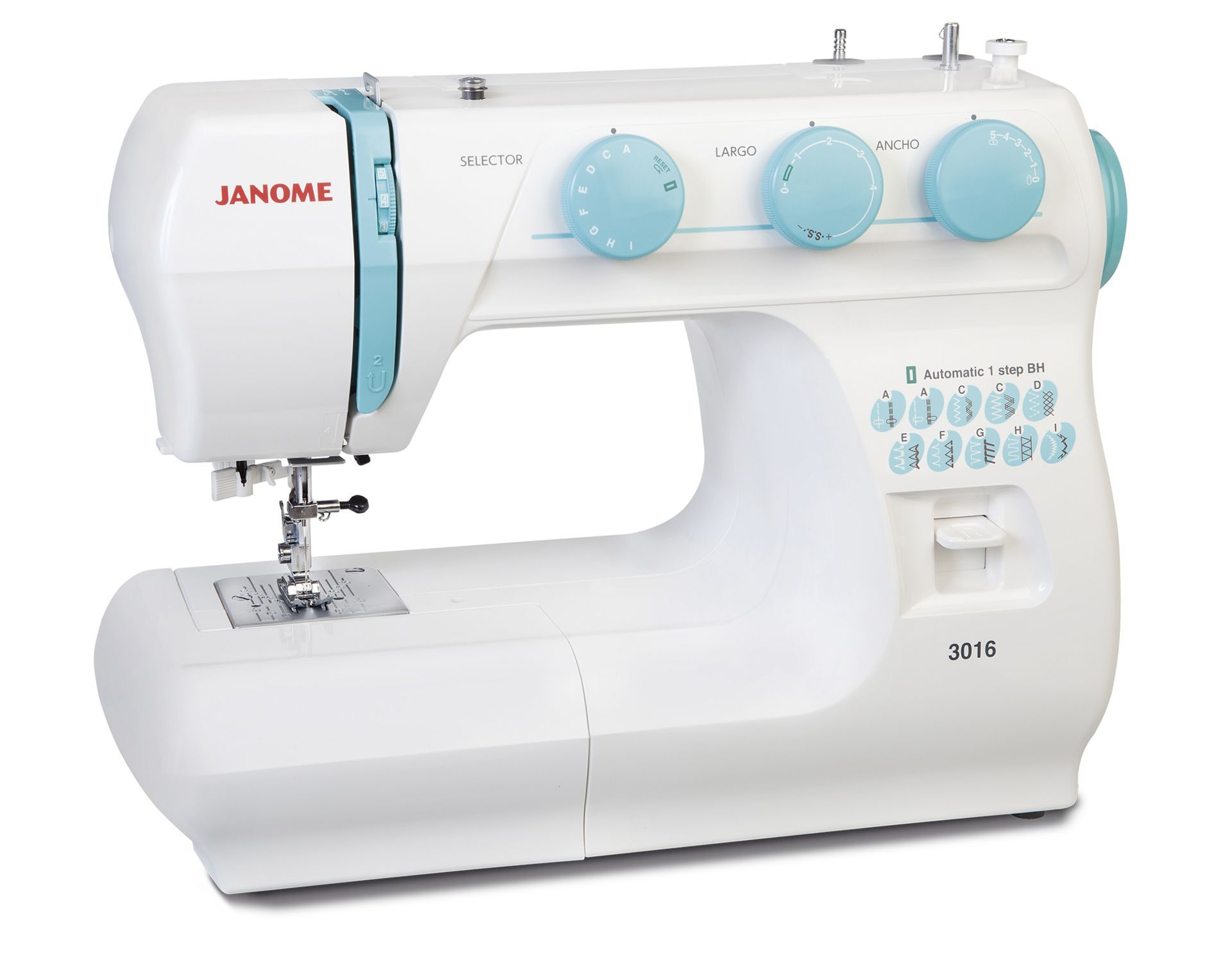 Una máquina de coser Janome 3019 blanca con diales y detalles en azul claro sobre un fondo blanco.