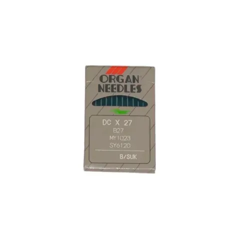 Una caja gris de agujas para máquina de coser de la marca Organ, específicamente el modelo DCx27 tamaño 8/SUK.
