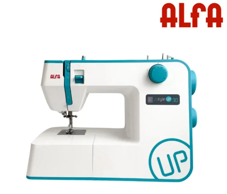 Una máquina de coser Alfa UP blanca y turquesa sobre un fondo blanco, con el logotipo de Alfa visible en la parte superior.