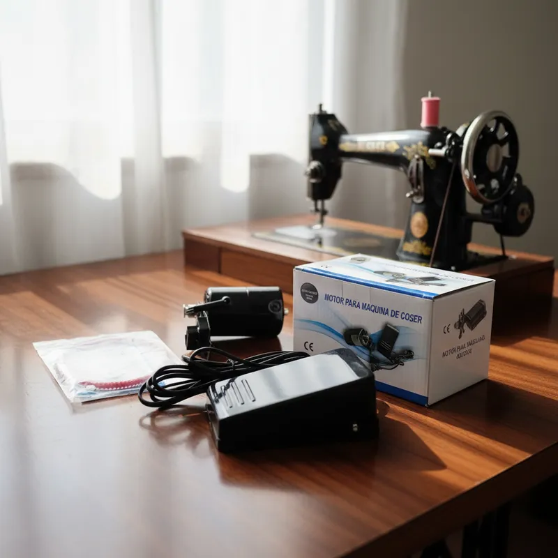 Un kit de motor para máquina de coser, que incluye el motor, un pedal negro y su caja original.