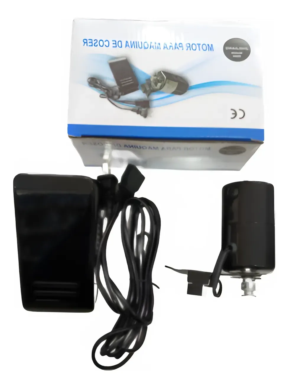 Un kit de motor para máquina de coser, que incluye el motor, un pedal negro y su caja original.