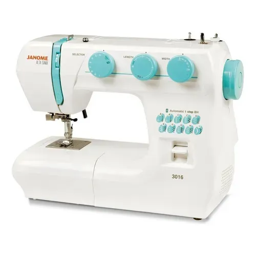 Una máquina de coser Janome 3019 blanca con diales y detalles en azul claro sobre un fondo blanco.