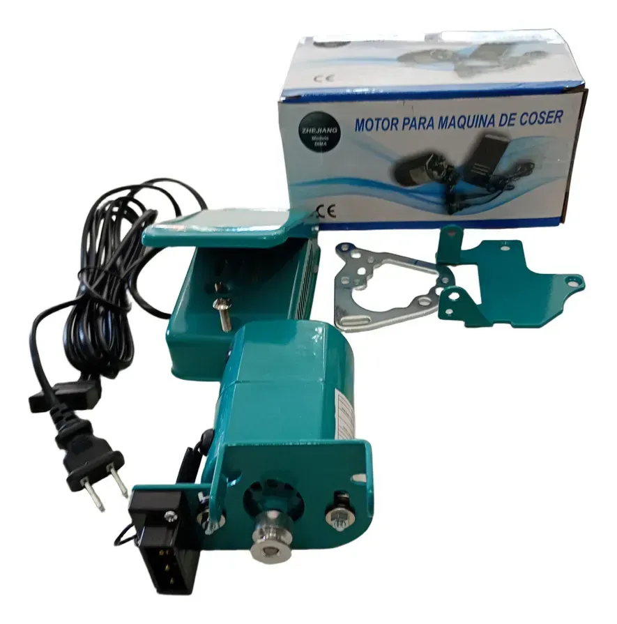 Un kit de motor para máquina de coser de color turquesa que incluye pedal, cable de alimentación, accesorios de montaje