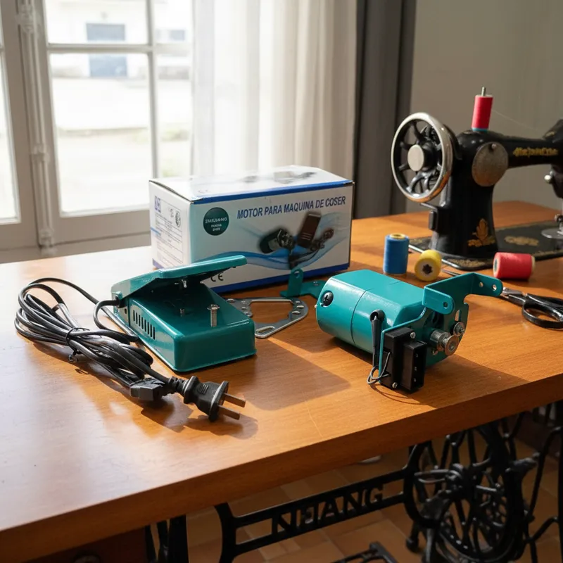 Un kit de motor para máquina de coser de color turquesa que incluye pedal, cable de alimentación, accesorios de montaje