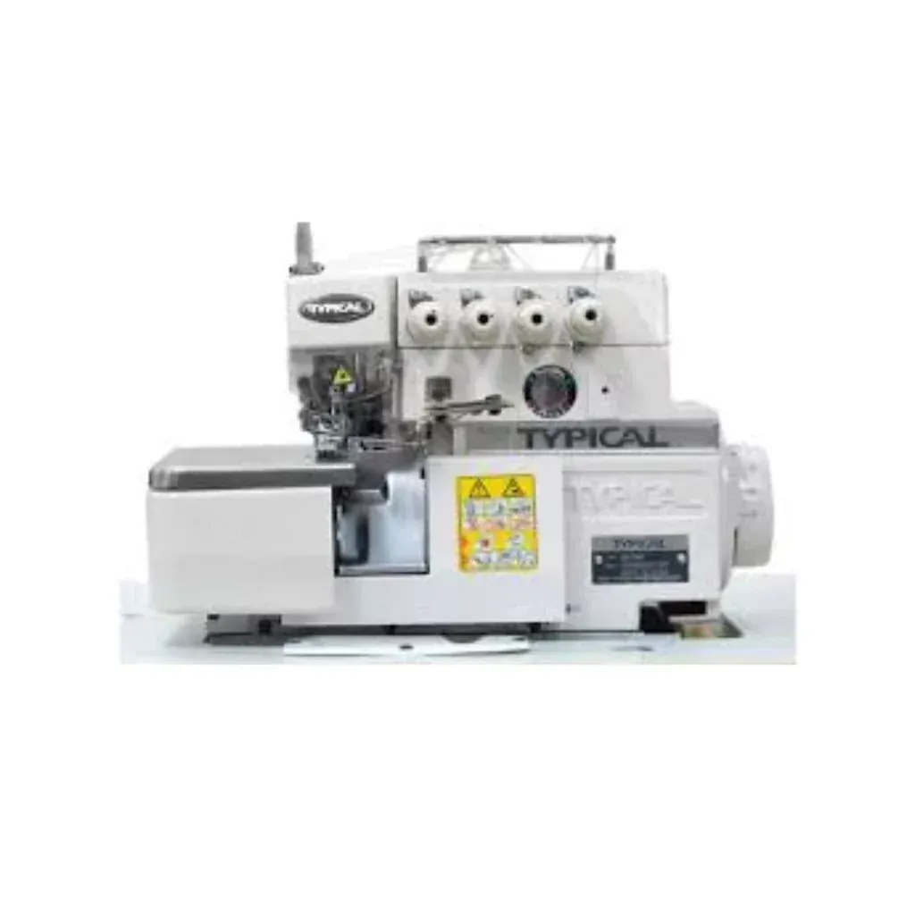 Una máquina de coser overlock de cuatro hilos de la marca Typical, de color blanco, sobre un fondo blanco.