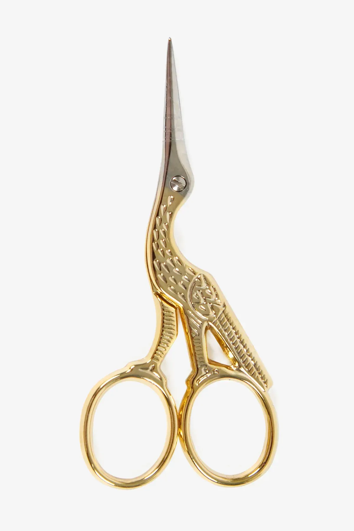 Tijeras de bordar ornamentadas en tono dorado con forma de grulla