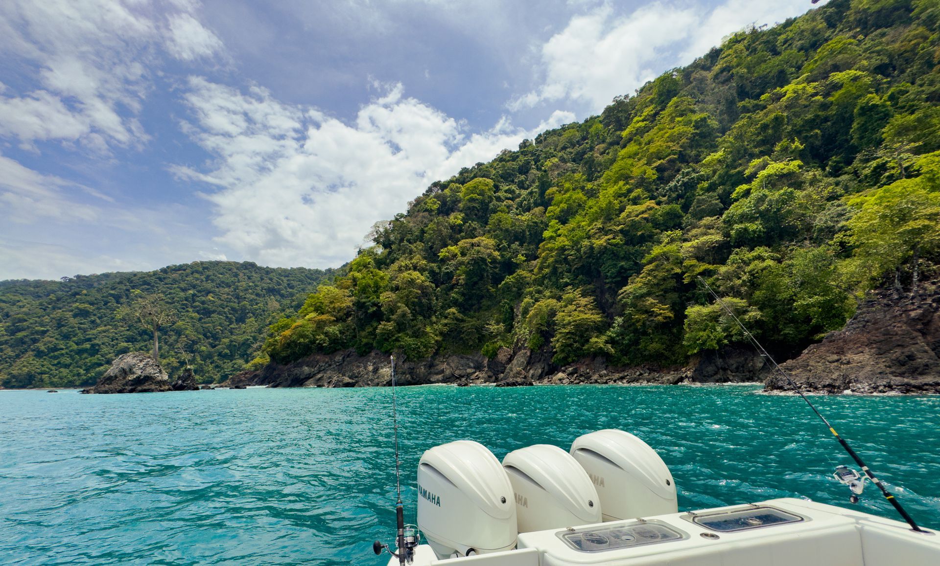 A white boat is floating on top of a body of water surrounded by trees.