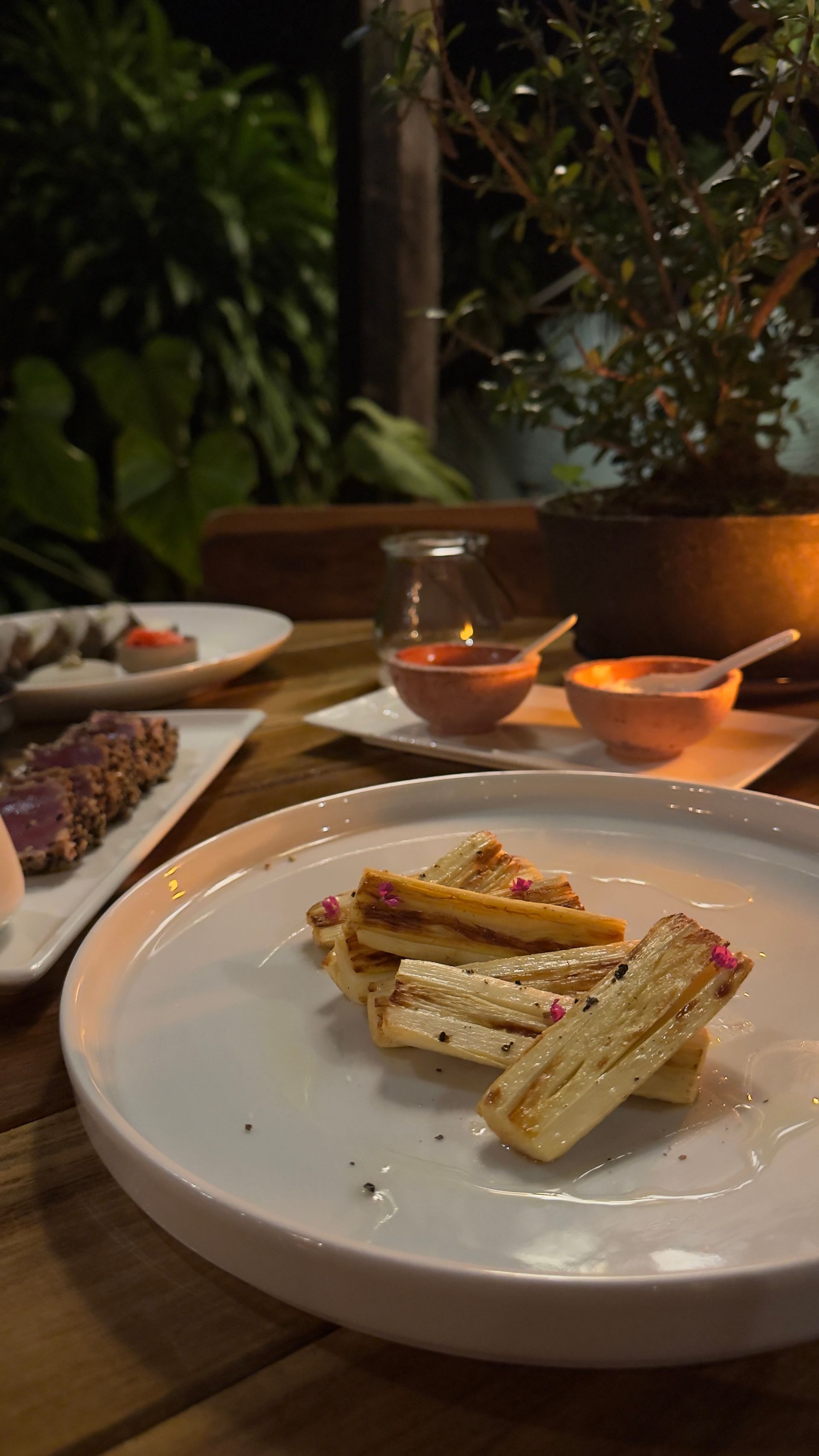 Dinner table with white plates of food: grilled asparagus, tuna, and dipping sauces outdoors at night.