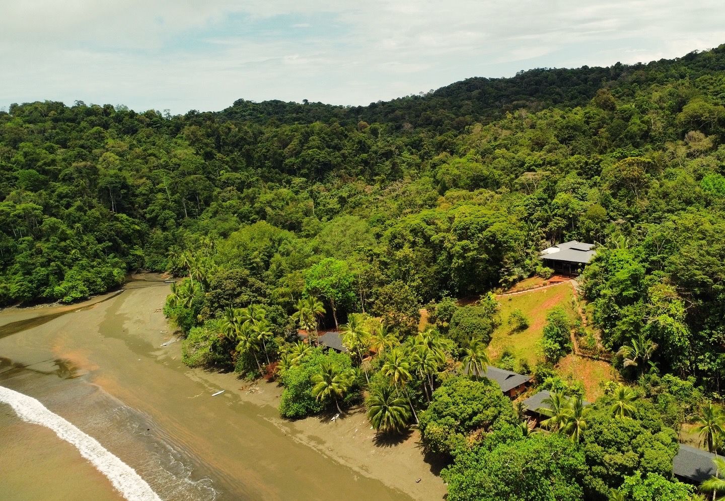 An aerial view of a house in the middle of a lush green forest.