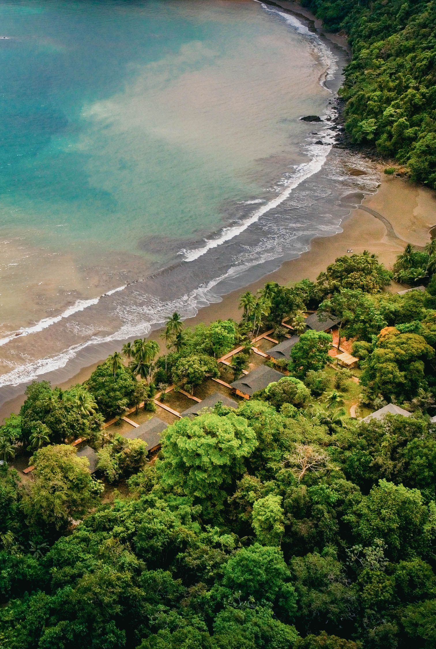 Beach with dark sand and lush green vegetation under a blue sky. Waves lap the shore.