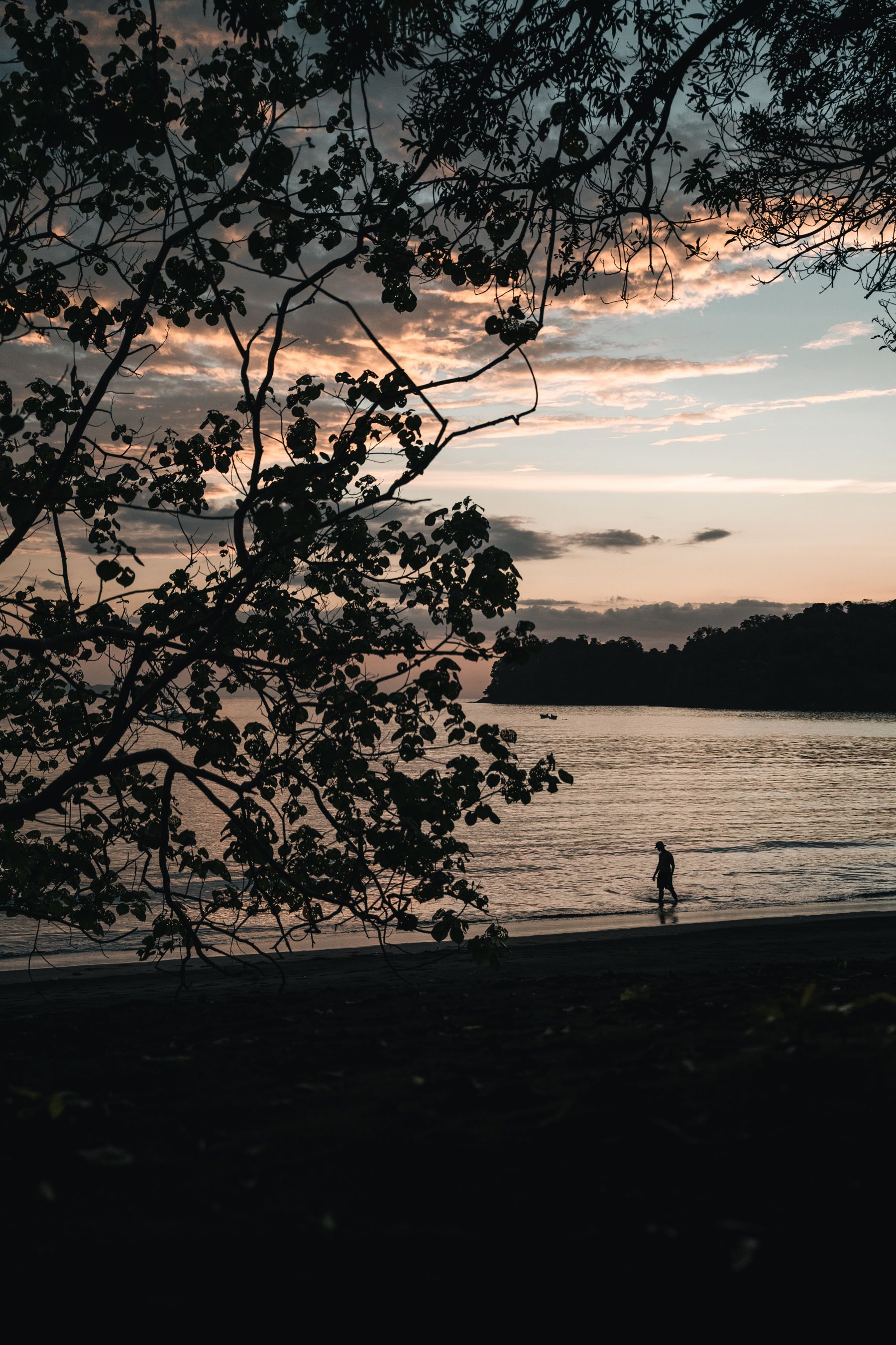 A group of people are standing on a beach at sunset.