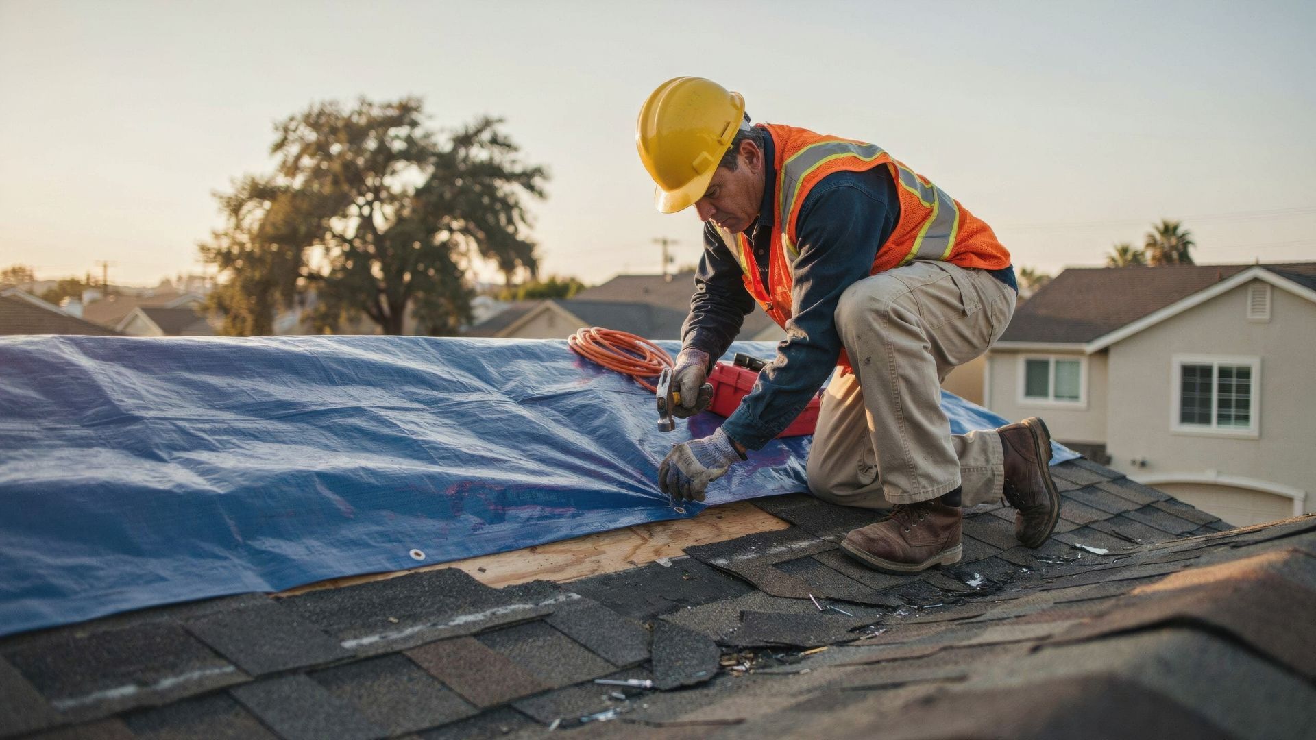 Emergency roofing contractor securing a blue tarp over a storm-damaged shingle roof