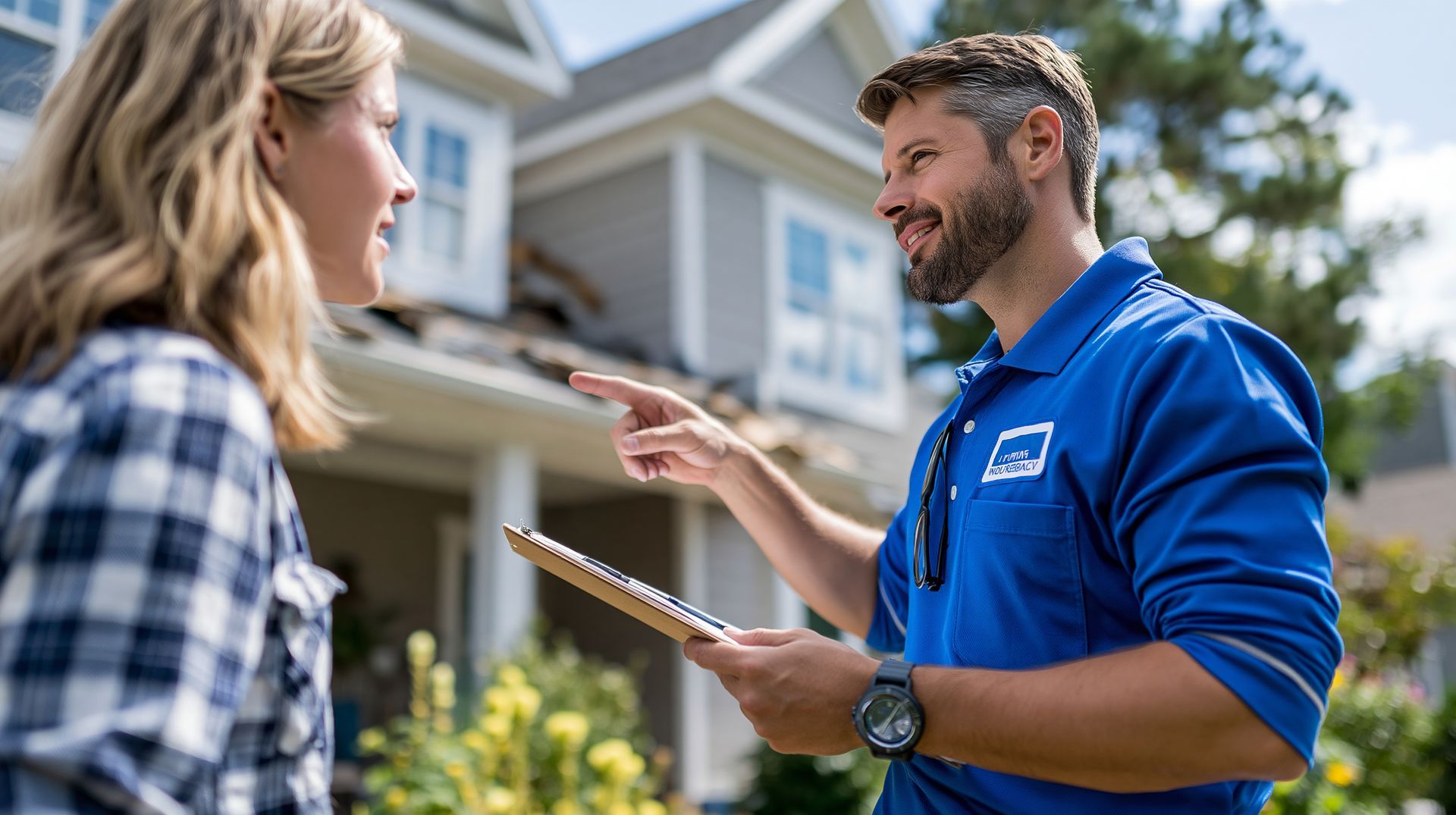 Roofing contractor with a clipboard pointing at a damaged roof while talking to a homeowner