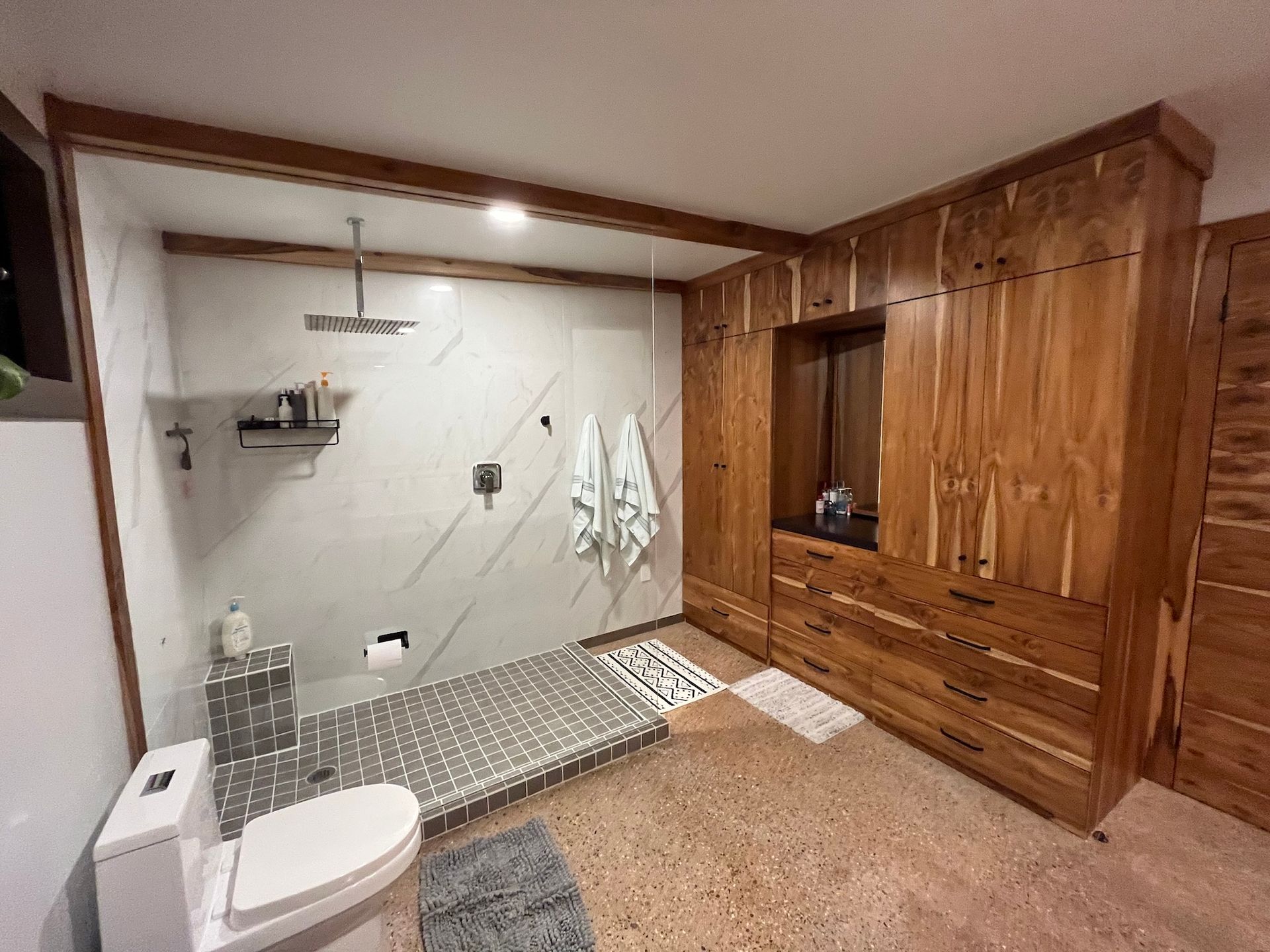 Accessible bathroom with walk-in shower, toilet, and wood-paneled storage cabinets.