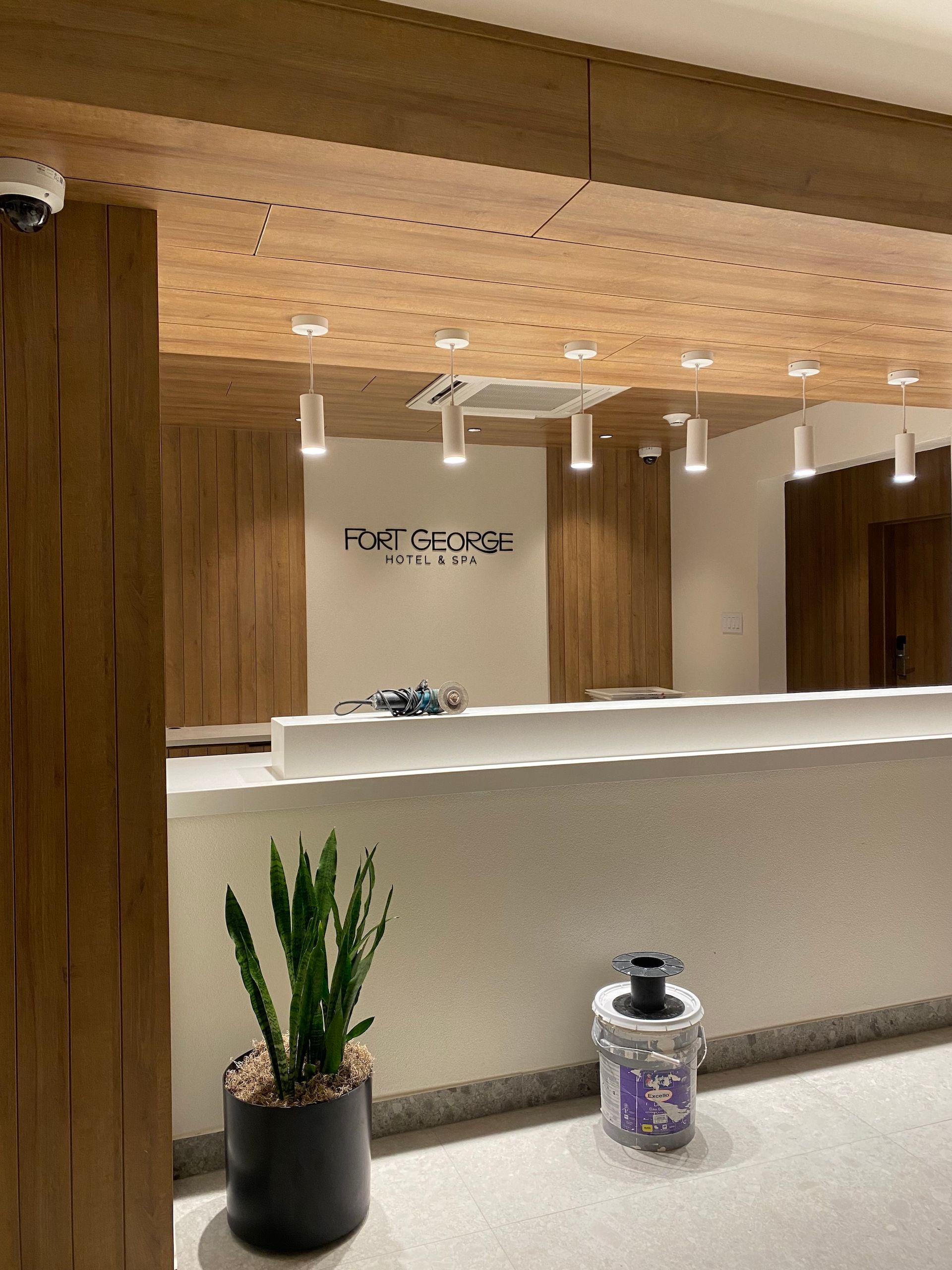 Modern hotel reception desk with wood ceiling, white counter, potted plant, and decorative jar in front.