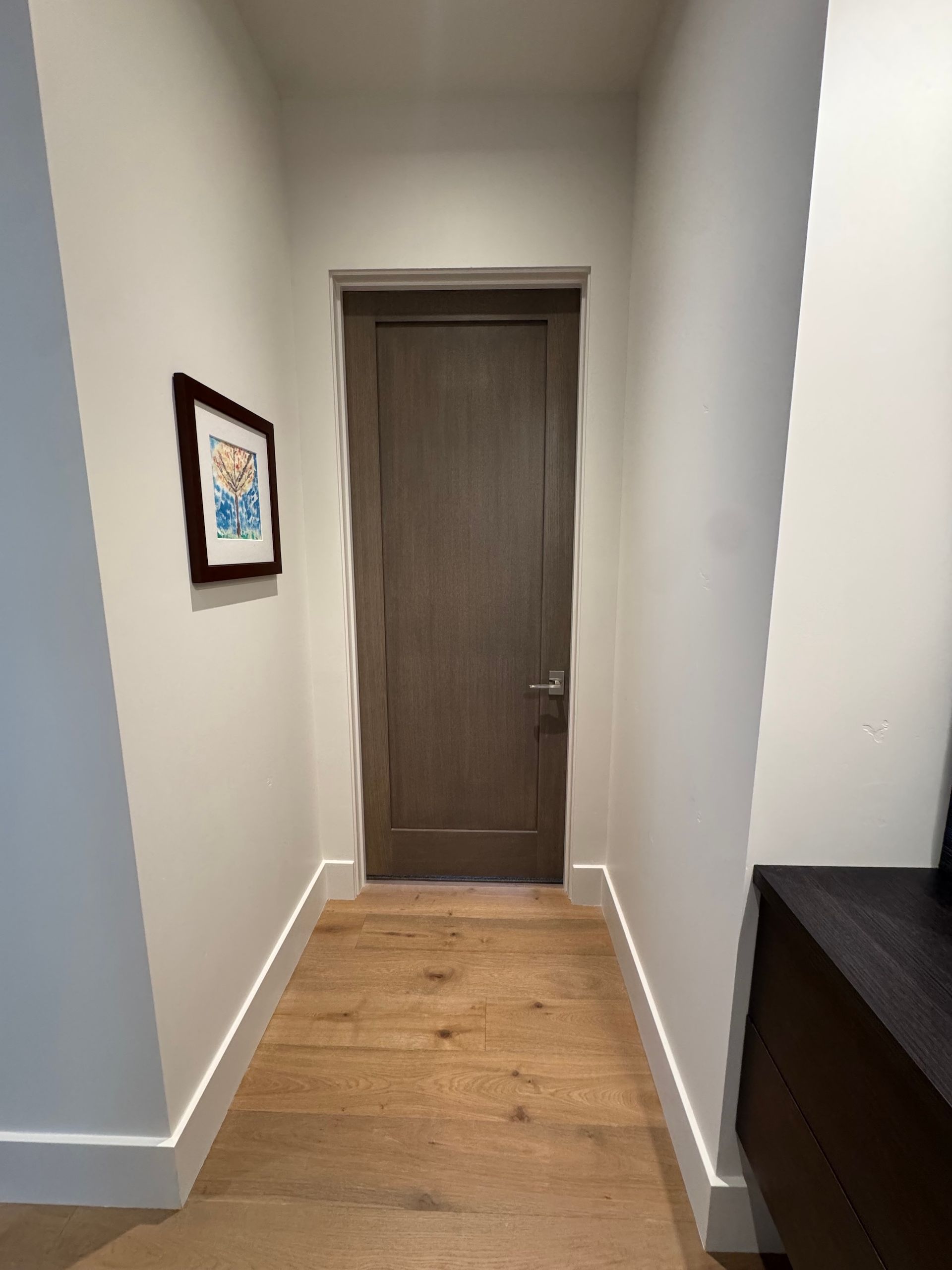 Narrow hallway with wood floor and closed brown door, framed art on the left and dark cabinet on the right