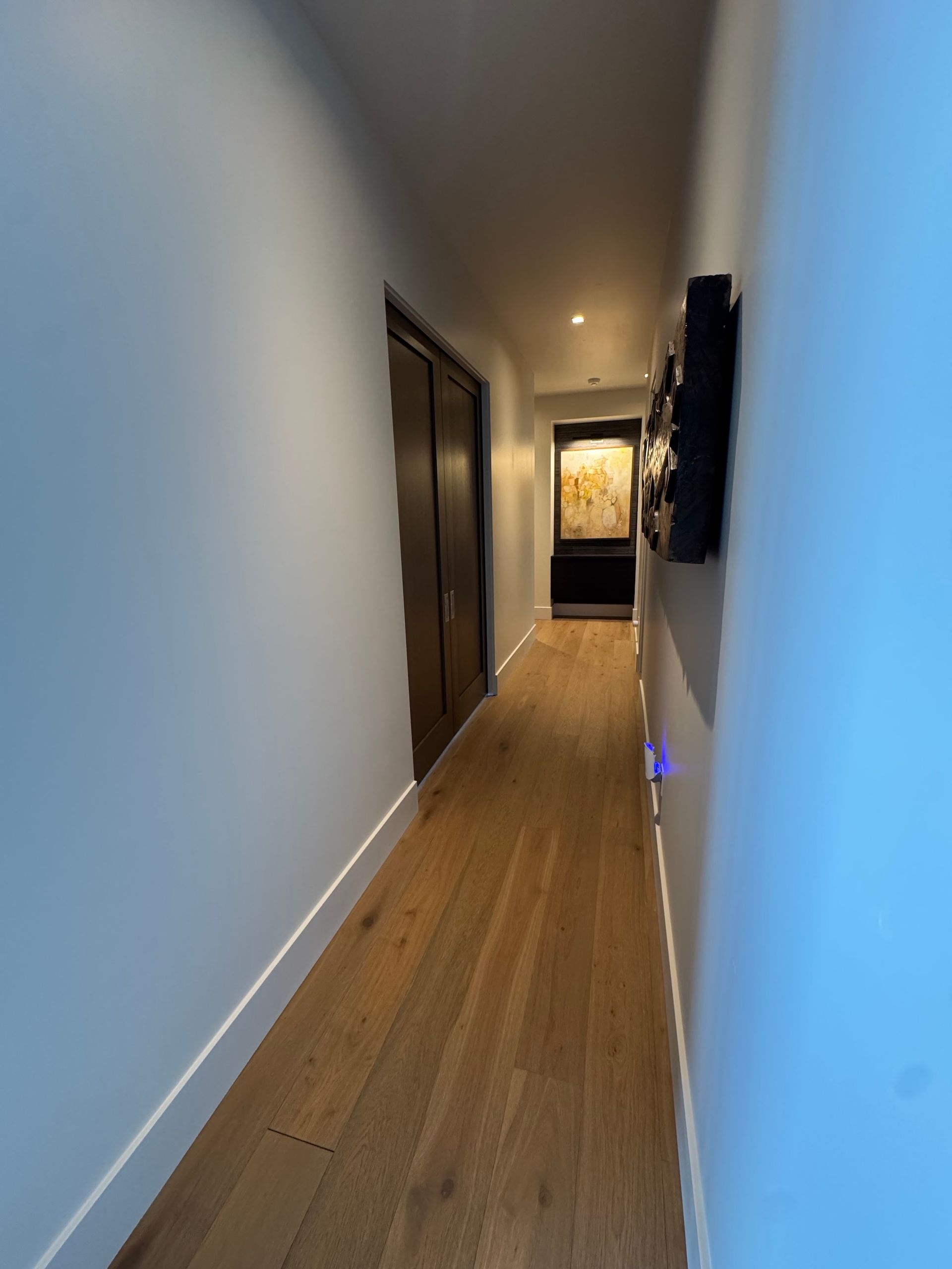 Narrow hallway with wood floors, white walls, dark doors, and a lit room at the far end.