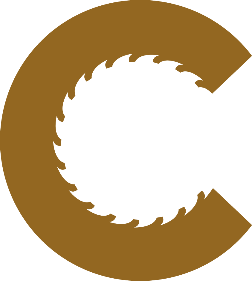 Brown stylized letter C with a white circular saw-tooth center on a white background