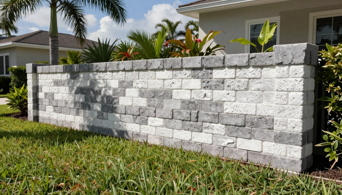 White paver stone block garden wall in front of a house with green lawn and tropical plants