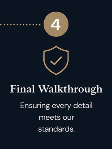 Step 4: gold shield icon and “Final Walkthrough” text on a dark blue background.