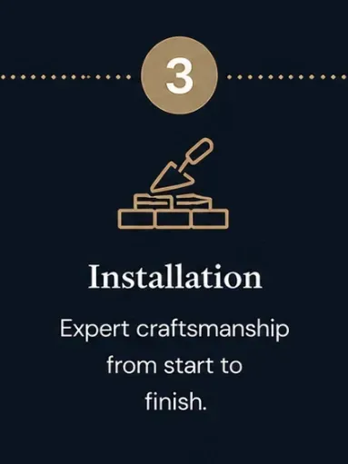 Installation step icon with bricks and trowel on dark blue background, labeled “Expert craftsmanship from start to finish.”