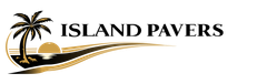 Island Pavers logo with palm tree, sunset, and black-and-gold wave design