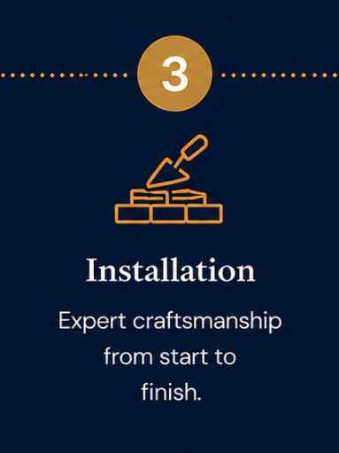 Installation step icon with bricks and trowel on dark blue background, labeled “Expert craftsmanship from start to finish.”