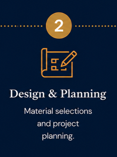 Step 2: Design & Planning with gold icon and white text on dark blue background, for material selection and project planning