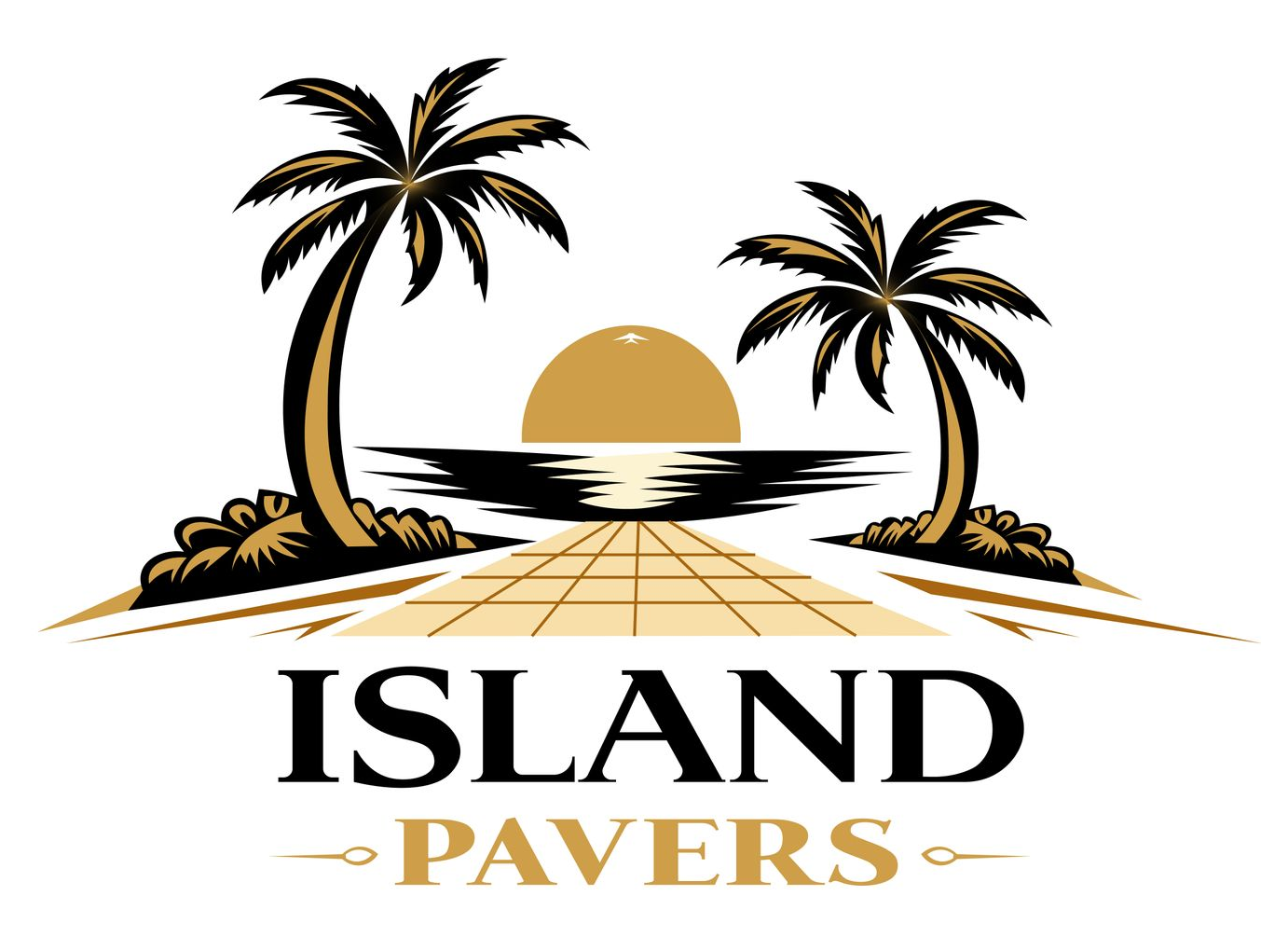 Island Pavers logo with palm trees, sunset over water, and bold black and gold text