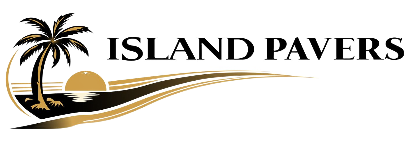 Island Pavers logo with palm tree, sunset, and black-and-gold wave design
