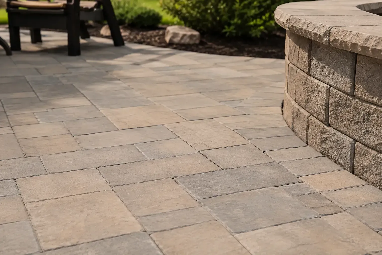 White paver stone block garden wall in front of a house with green lawn and tropical plants