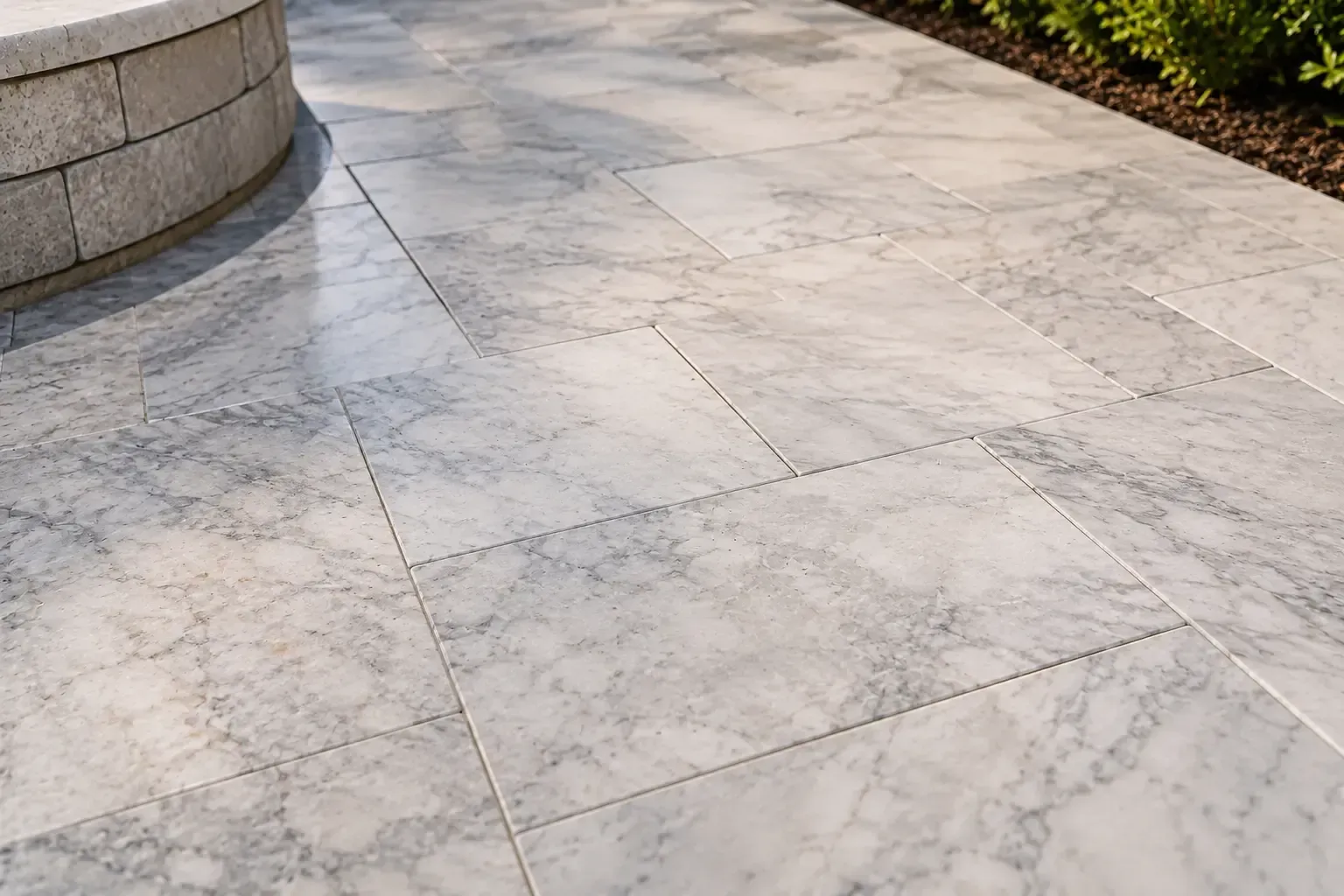 Sunlit stone patio with tan and gray pavers beside a building, with benches along the left side.