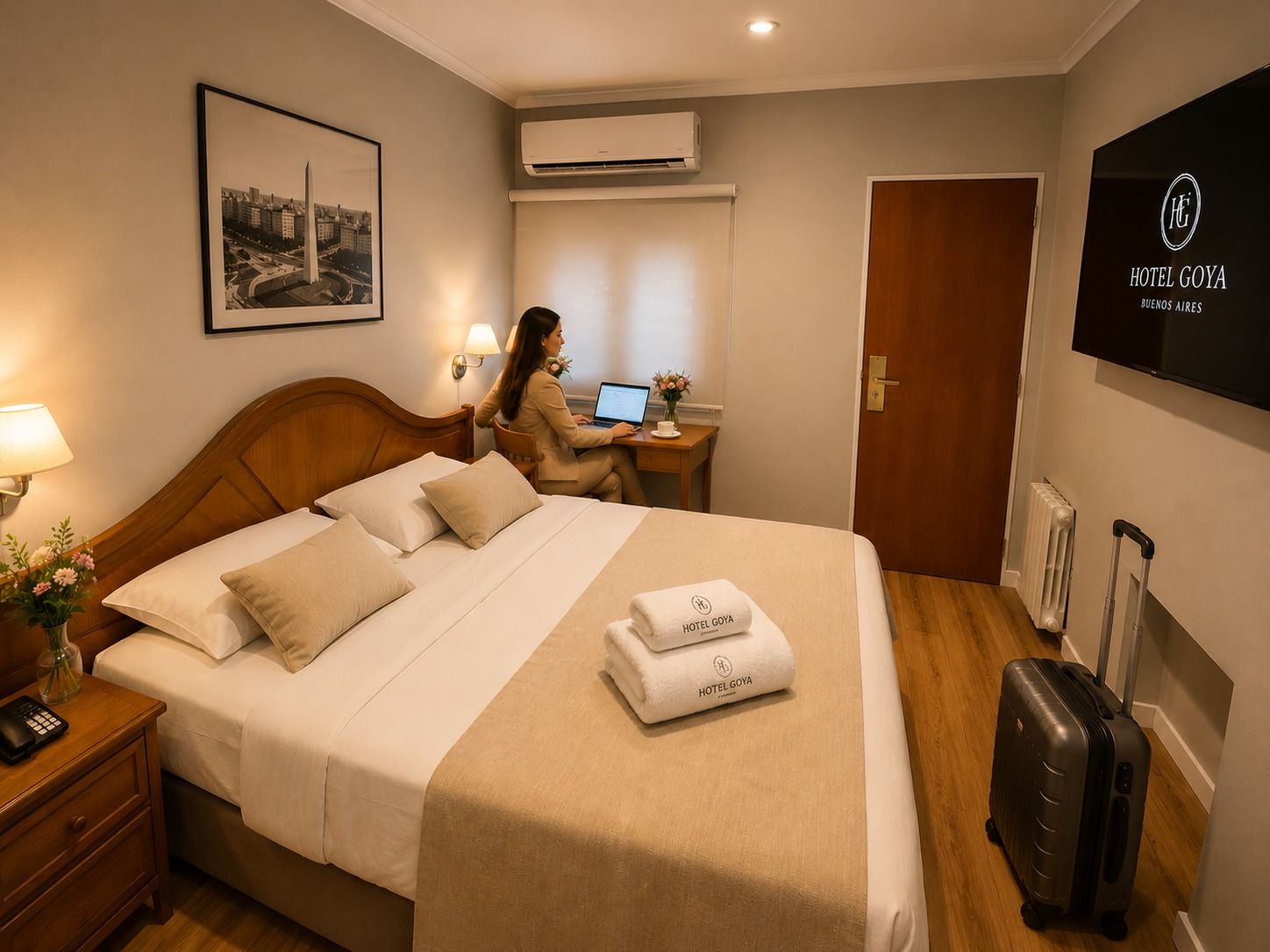 Habitación de hotel con cama, escritorio, maleta y una mujer trabajando en un ordenador portátil junto a la ventana.