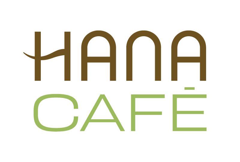 Logotipo de HANA CAFE en marrón y verde claro sobre un fondo blanco.