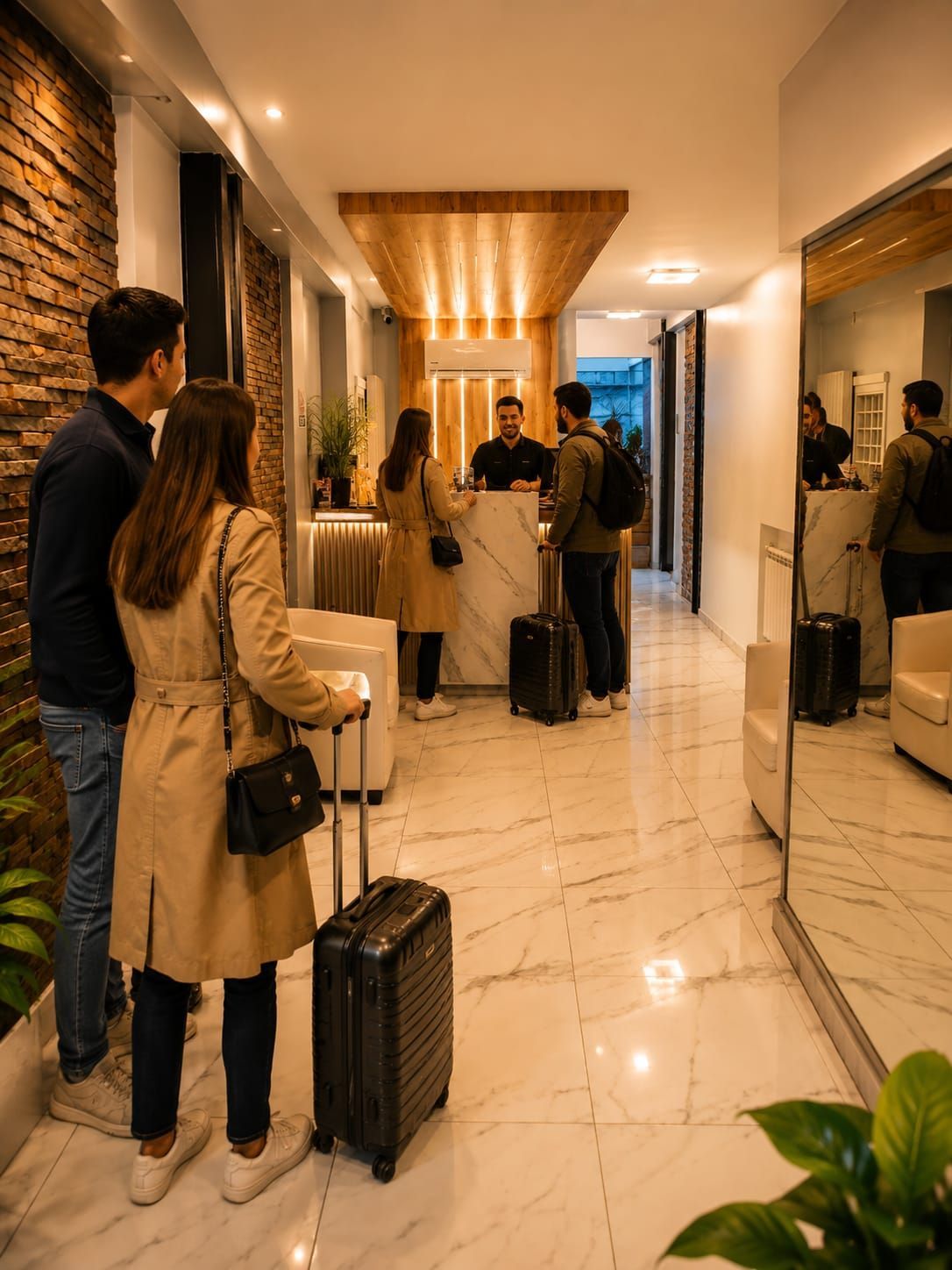 Vestíbulo del hotel con viajeros haciendo fila junto al equipaje y una pared con espejos en la recepción.