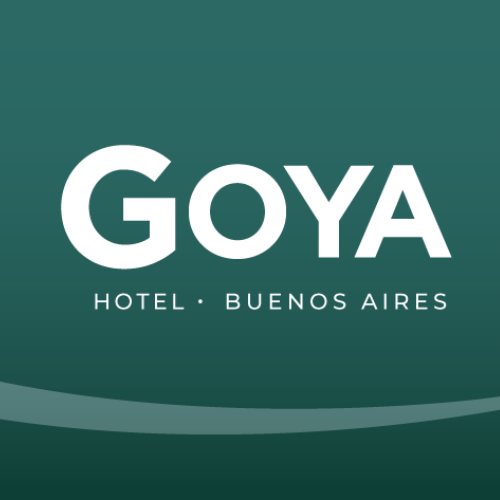 Logotipo del Hotel Goya Buenos Aires en blanco sobre fondo turquesa