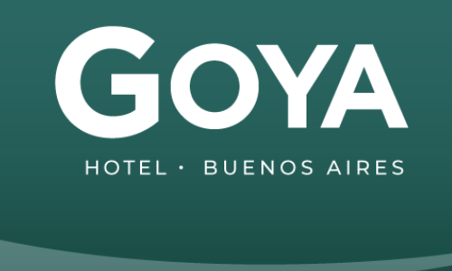 Logotipo del hotel GOYA en blanco sobre fondo turquesa, con “Buenos Aires” debajo del nombre.