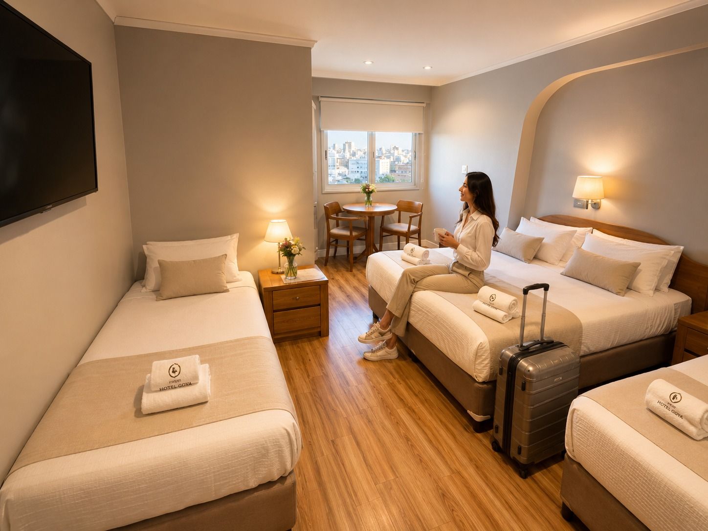 Acogedora habitación de hotel con cuatro camas, iluminación cálida y una persona sentada junto a la ventana.