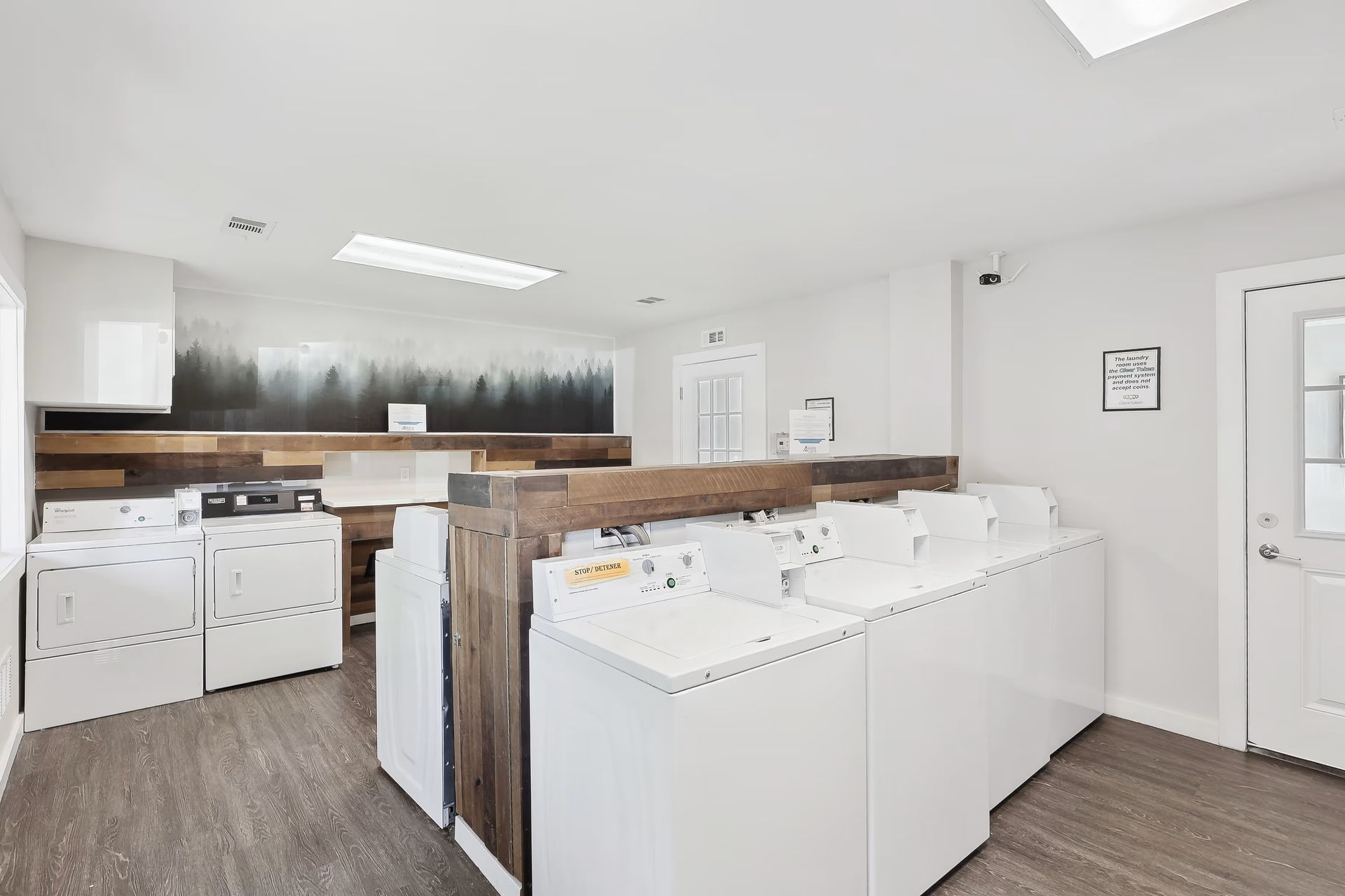 A bright, modern laundry room with multiple white washers and dryers, wood accents, and a forest-themed wall mural.