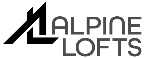 A logo for Alpine Lofts featuring a stylized house icon composed of the letters A and L next to the text "ALPINE LOFTS."