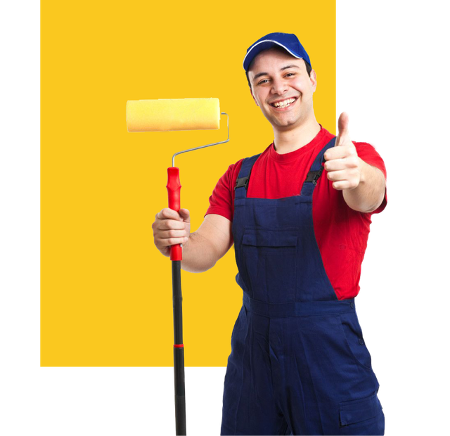 2 painters painting a wall yellow