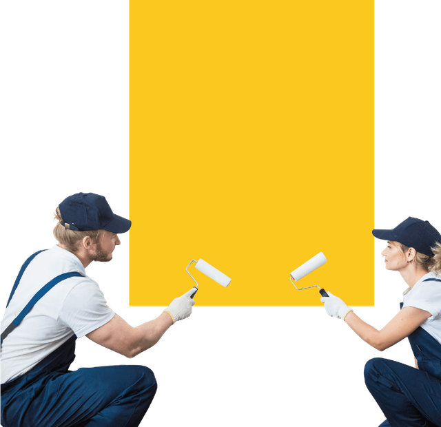 2 painters painting a wall yellow