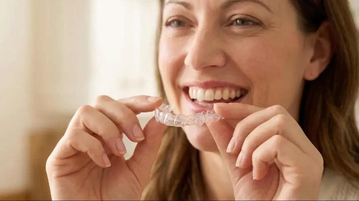 Invisalign: smiling woman holding a clear aligner