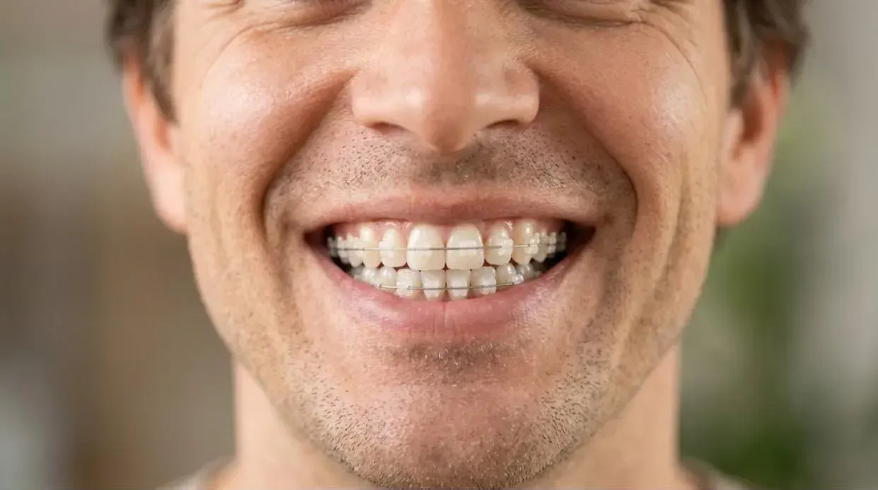 Fastbraces: close-up smile with clear tooth-colored braces